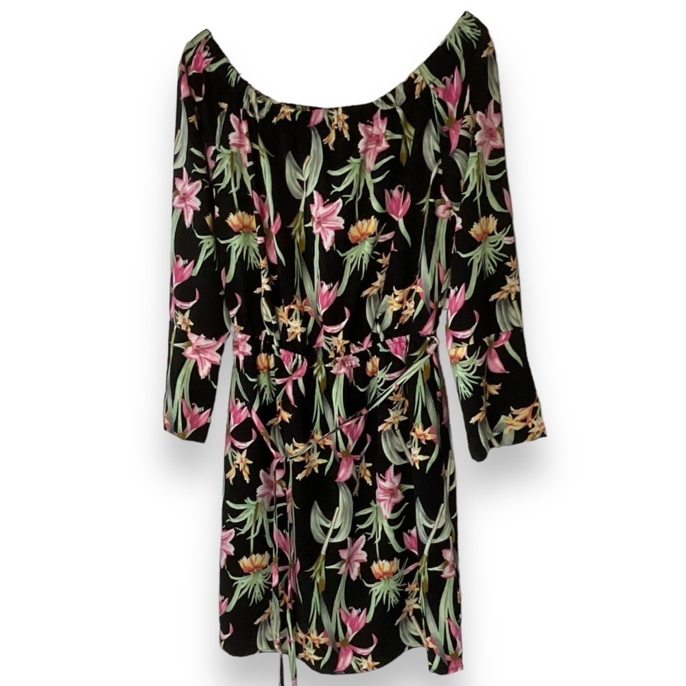 Dex Dress Black Floral Tropical‎ Print Pink Green Off Shoulder Size Small NWT